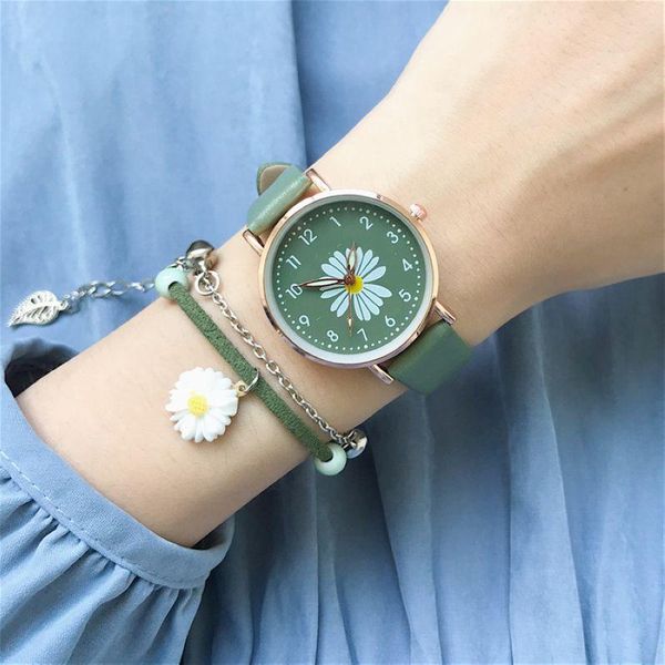 

wristwatches 100pcs/lot daisy dial design ladies fashion casual women flower watches simple number leather quartz watch, Slivery;brown
