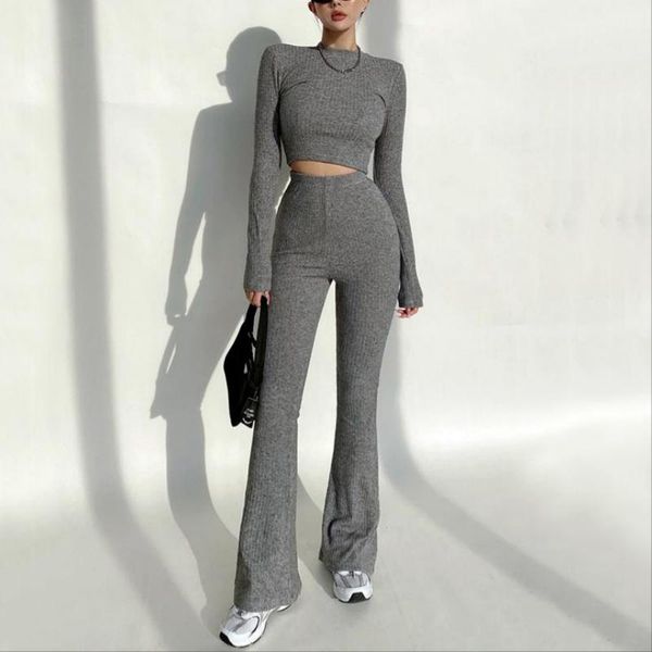

women's two piece pants fall fashion 2 sets women outfits white long sleeve crop set and flare black
