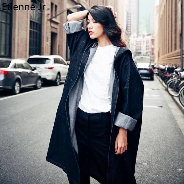 

etienne jr trench women hooded solid oversize denim couples coats bf medium long trendy leisure korean style retro streetwear women's, Tan;black