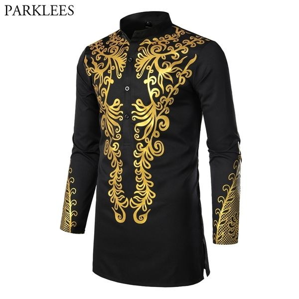 Gold Floral Impressão Preto Africano Tribal Dashiki Longline Camisa Men Hip Hop Streetwear Mens África Roupa Chemise Homme 210522