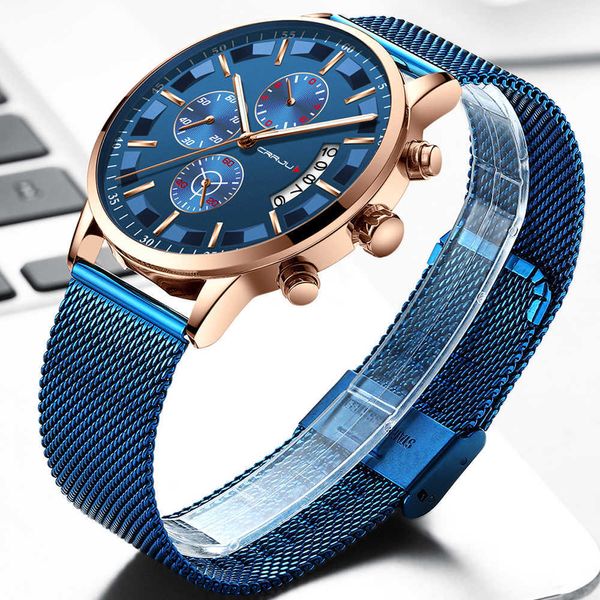 LMJLI – Stilvolle Herrenuhren der Marke CRRJU, blau, militärisch, wasserdicht, Sportuhr, lässig, Mesh-Armband, Quarzuhr, reloj hombre