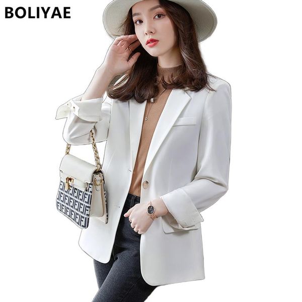 

women's suits & blazers boliyae spring and autumn black white long sleeve blazer fashion slim jackets female casual office coat suit, White;black