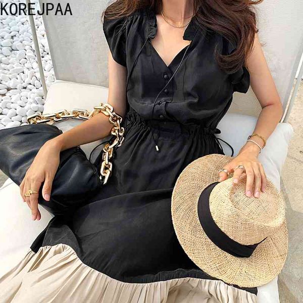

korejpaa women dress summer korean chic temperament lace-up v-neck drawstring flying sleeves contrast stitching vestidos 210526, Black;gray
