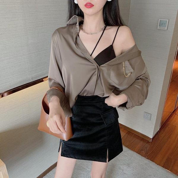 

full sleeve shirt womens solid spaghetti strap women shirts khaki white black condole belt 2955 women's blouses &