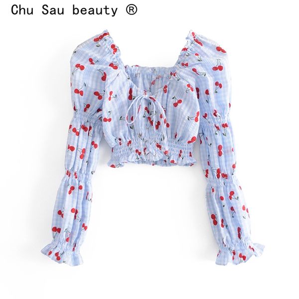 

spring summer sweet cherry print short crop woman vintage square collar ruffled lace-up lantern long sleeve blouses 210508, White