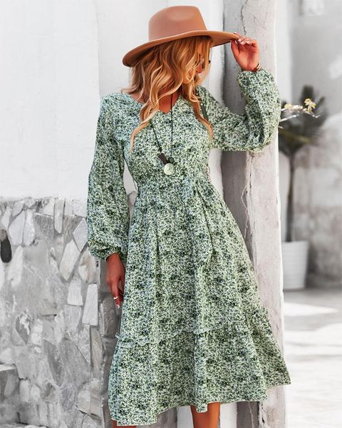 

casual dresses floral print long maxi for women 2021 autumn sleeve ruffles bobo beach holiday vintage v neck dress fashion, Black;gray