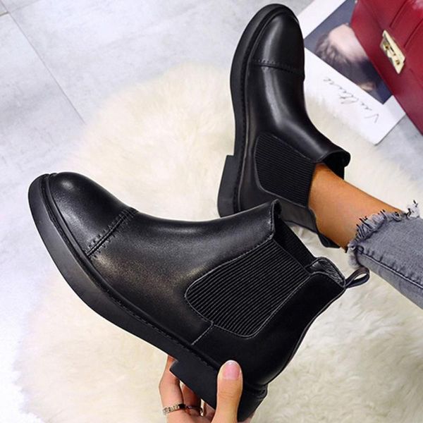 

boots sagace ladies leather round head slip-on elastic fleeces large size low heel valuable 2021 winter ankle for women, Black