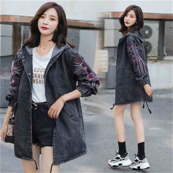 

autumn winter 2020 new fat sister large women's fashion embroidery hooded medium and long denim jacket korean windbreaker, Tan;black