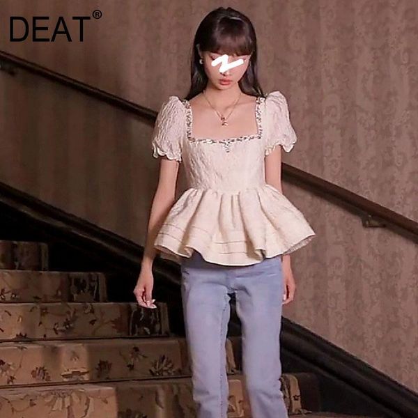 

[deat] women greamy patchwork ruffles folds shirt square neck short puff sleeve slim fit fashion tide summer 2021 7d0884 women's t-shir, White