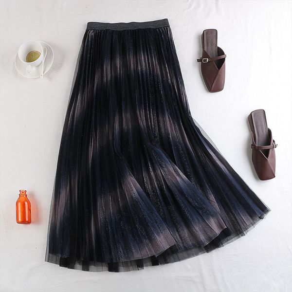 

casual dresses autumn winter a-line tie dye puff layered tulle long pleated skirts gradient metallic mesh rtzt, Black;gray
