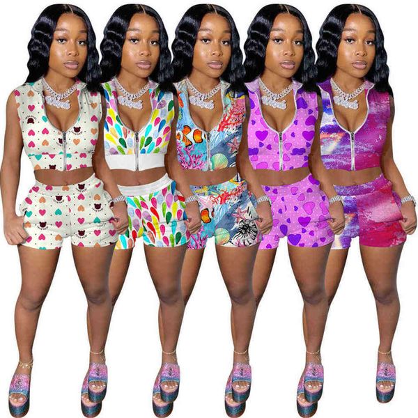 

summer women tracksuits sleeveless zip + shorts multicolor printing two piece sets yoga outfits gym clothes sportwear plus size, Gray