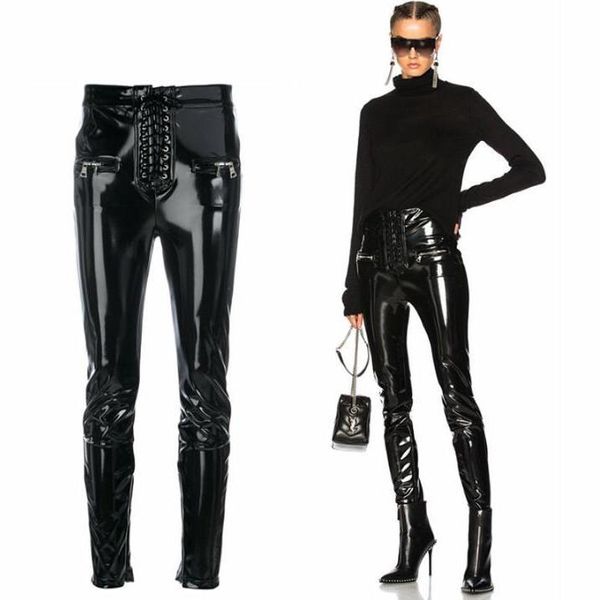 

women's pants & capris tide patent punk high waist shiny pu leather tight-fitting button zipper women pencil pant, Black;white