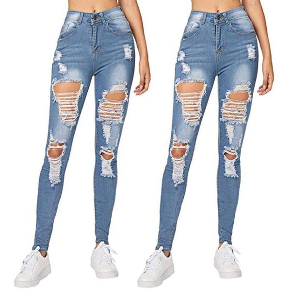 

washed hole stretch denim pants pocket high waist all-match jeans casual beach bottom straight-leg pants#lr2 women's, Blue