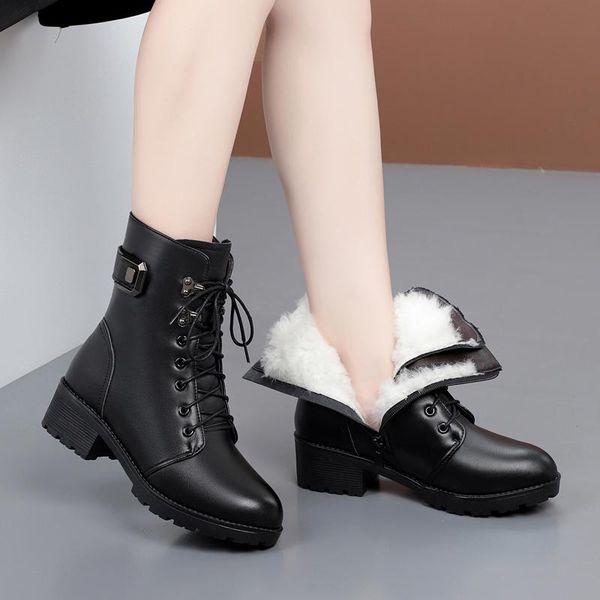 

boots winter women genuine leather wool warm non-slip ladies ankle plus size 41 42 43 snow, Black