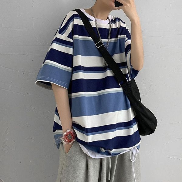 

men's t-shirts summer cotton short-sleeved t-shirt fashion casual oversized tshirt men streetwear korean loose striped t shirt men, White;black