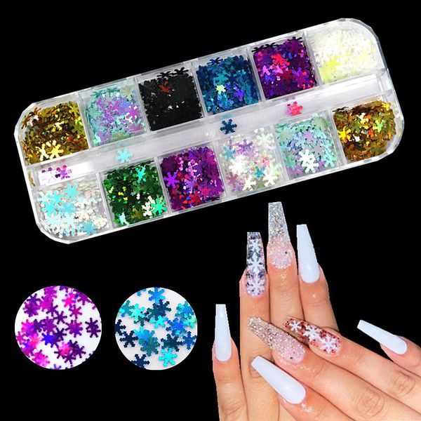 

box of holographic ultra-thin snowflake sequin christmas mixed 3d art flash laser ab silver powdernail decoration nail decorations, Silver;gold