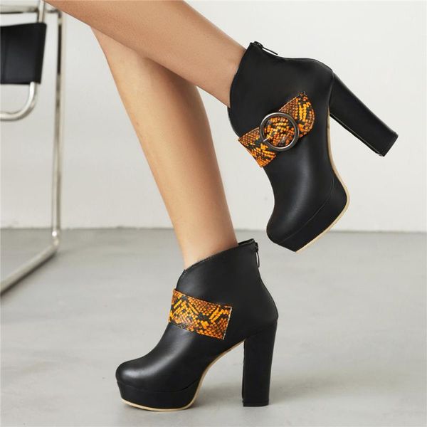 

boots 2021 spring autumn fashion woman ankle chunky platform super high thick heels metal decoration elegant office lady, Black
