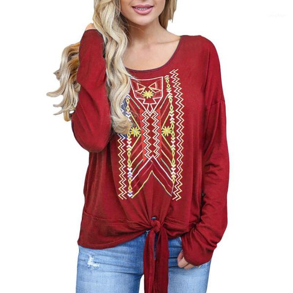 

fashion blouse women spring autumn vintage geometric print long sleeve femmes bohemian pullover bandage shirt women's blouses & shirts, White