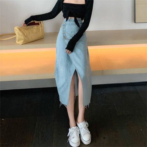 

skirts long denim skirt women streetwear irregular split harajuku cool casual a-line y2k korean style 2021 autumn, Black