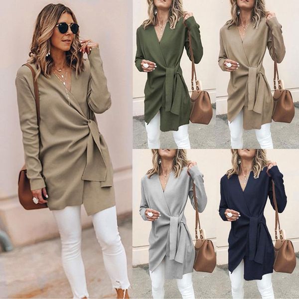 

women's trench coats women coat jacket casual leather tied up v neck open front suit autumn spring outwear overcoat 2022, Tan;black