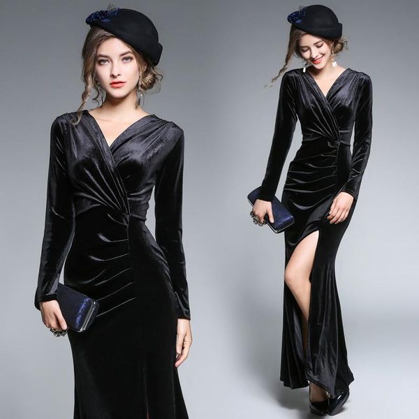 

casual dresses 2021 autumn winter elegant velvet dress women vintage long sleeve black red green maxi party vestido robe clothes female, Black;gray