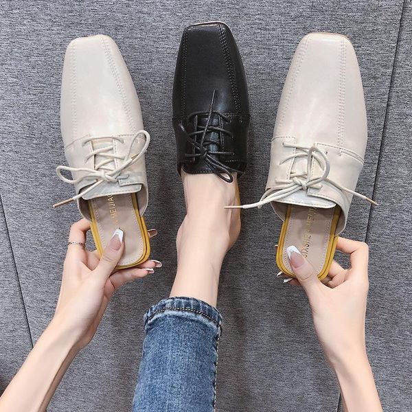 

vintage square toe lace up mules microfiber leather slides flip flops sandals chunky heels cover slippers women shoes 2021, Black