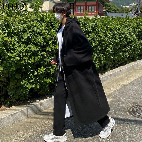 

men's wool & blends pfhq 2021 fashion woolen coat autumn winter over-the-knee mid-length korean loose windbreaker hooded jacket 21a1823, Black