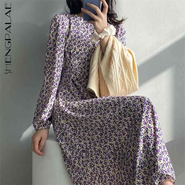 

shengpllae elegant floral dress women's spring round neck slim waist long sleeve mid-calf dresses female fashion 5c436 210427, White