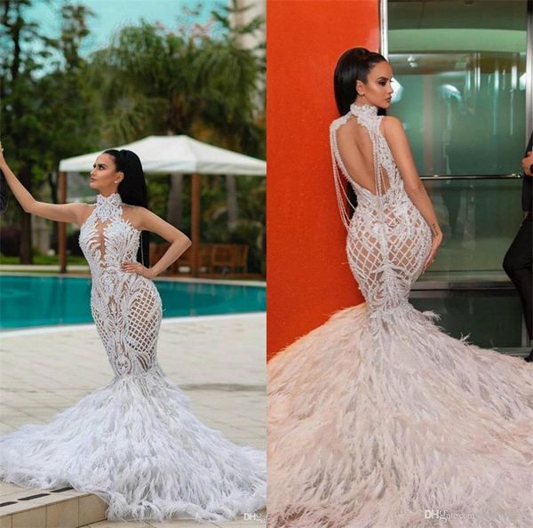 

luxury feather mermaid bridal gowns high neck lace applique illusion plus size wedding dresses marriage wear sweep train beaded robe de mari, White