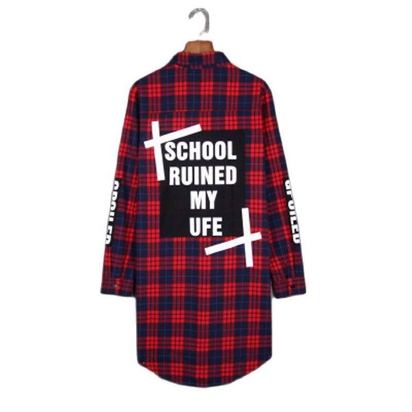 

men's casual shirts hip hop plaid long shirt korean style streetwear blouse man spring autumn hiphop clothes camisa masculina, White;black