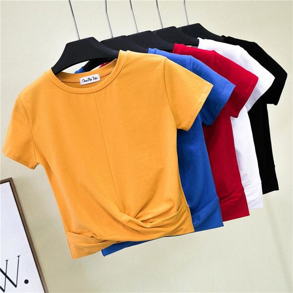 

women's t-shirt 2021 crop summer shirt cross o-neck women casual solid cotton high waist, White