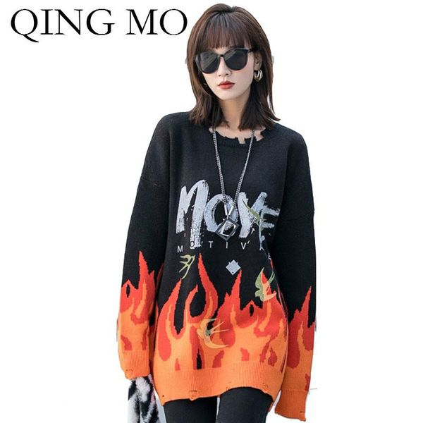 

2021 autumn winter women flame sweater irregular holes casual letter knitted zqy6225 women's sweaters, White;black