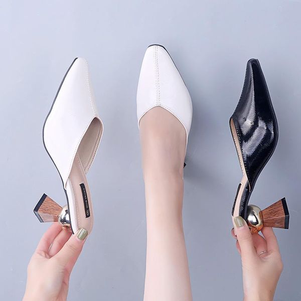 

slippers summer lady half drag pu elegant comfortable special-shaped heel stitching formal occasions women shoes u24-45, Black