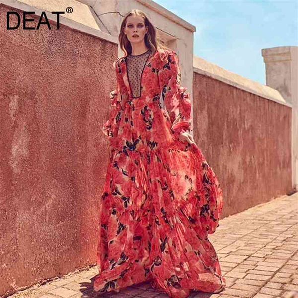 

[deat] summer fashion round neck high waist floor-length ruffles long sleeve printing elegant dress 13c475 210527, Black;gray