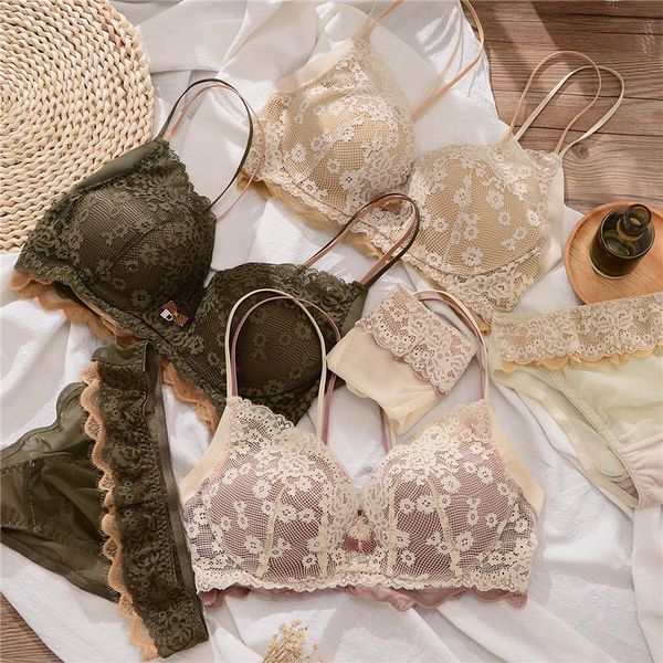 

bras sets 2021 floral lace wire thick push up comfortable girl intimates beautiful back small bra and panty women sexy, Red;black