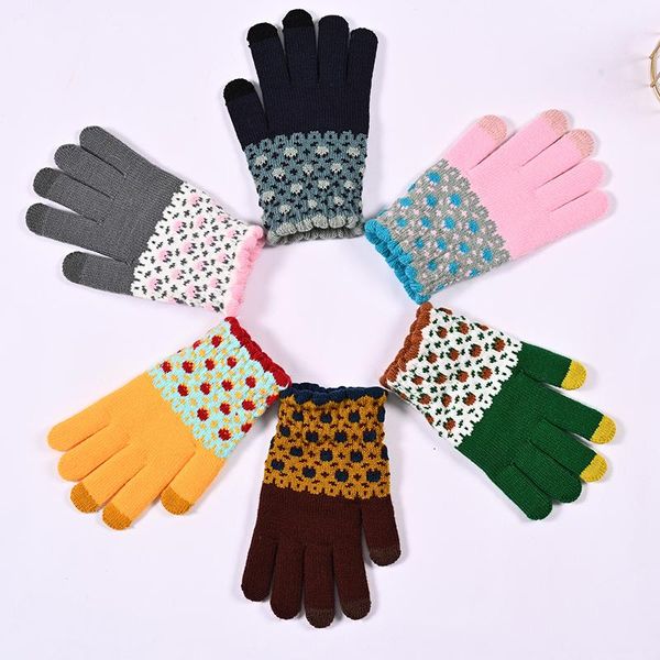 

five fingers gloves ins cute warm jacquard touch screen skiing korean style colorful fashion winter soft knitted, Blue;gray