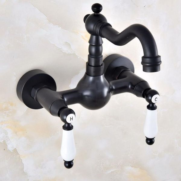 

bathroom sink faucets black oil rubbed brass double hole lever handle kitchen basin faucet mixer / cold tap swivel spout 360' dnf858