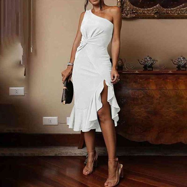

trajes verano mujer women bodycon dress one shoulder elegant women party dress summer ruffles hem party, Black;gray