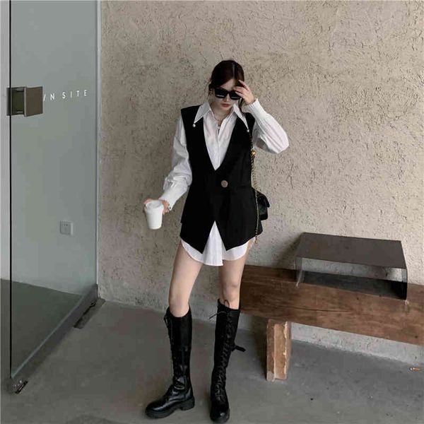 

dress korea early spring pearl decorated shirt+ single thin button suit vest assembly, Black;gray