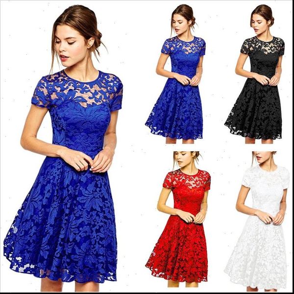 

plus size elegant sweet hallow womens dresses out lace party princess slim summer vestidos red blue ns8985, Black;gray