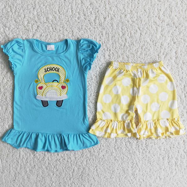 

rts wholesale designer clothes kids sets embroidery boutique girls clothing back to school bus short sleeve summer toddler baby outfits chil, White