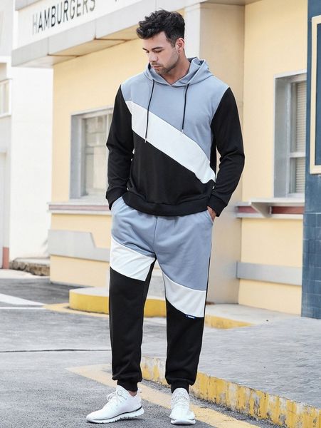 

extended sizes men color block drawstring hoodie & sweatpants h2ti#, Gray