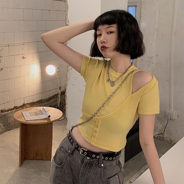 

women's t-shirt summer t shirts hollow out fashion brand clothing slim o-neck tees solid female korean clothes off shoulder crop top, White