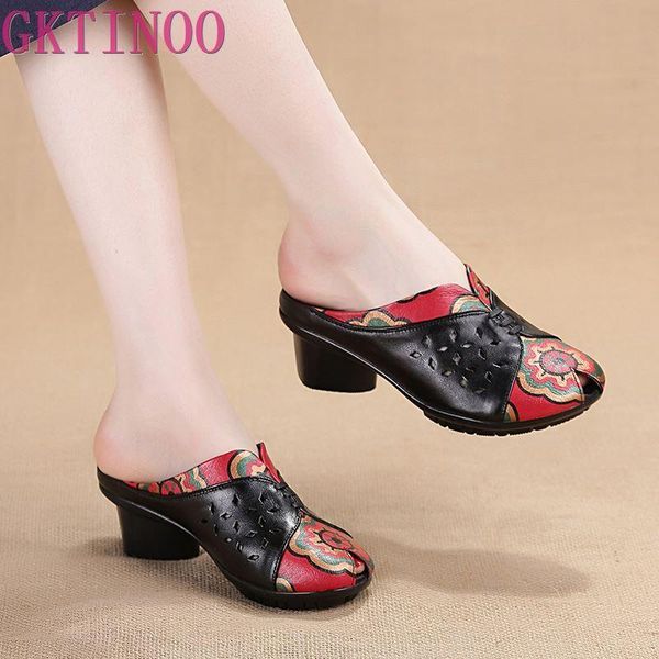 

slippers gktinoo 2021 summer shoes fashion women female hollow out genuine leather sandals med heels zapatos mujer, Black
