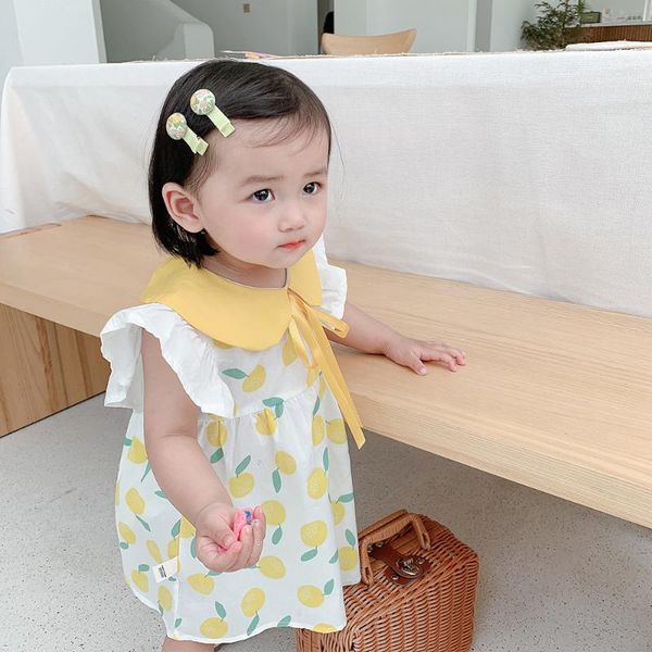 

girl's dresses 2021korean girl dress summer short flying sleeve princess ruffles doll collar kids fashion sweet girls costume 0-4t, Red;yellow