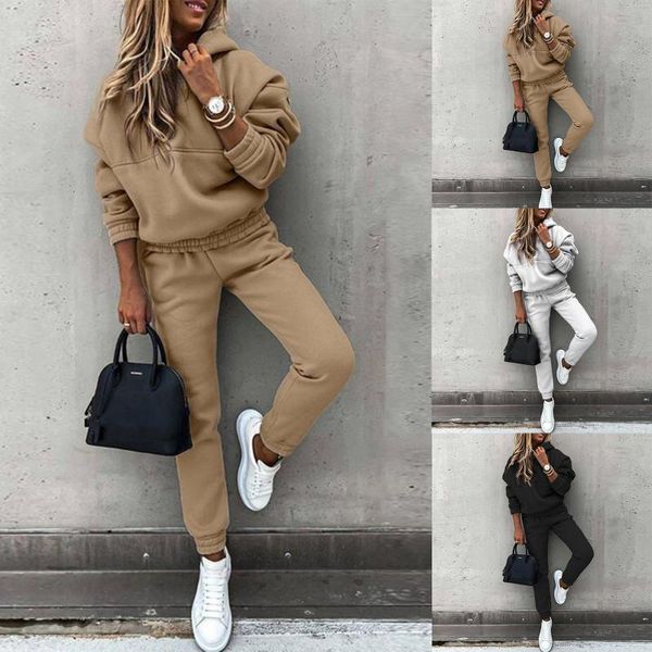

women's two piece pants hoodies set women long sleeve solid casual pocket pullover suit spring 2022 elastic sports female tracksuit, White