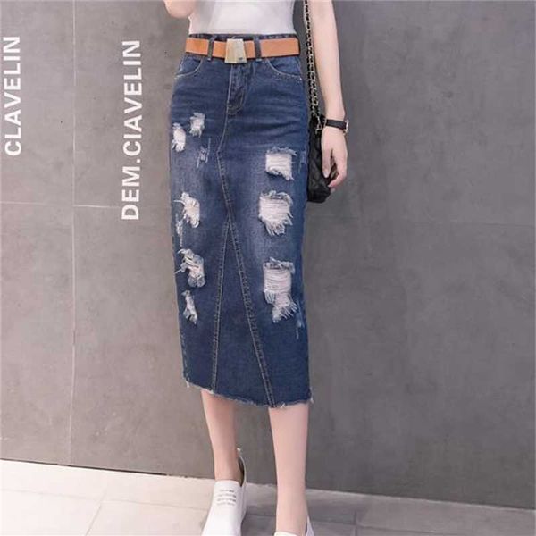 

skirts sping summer korean hole high waist bodycon womens office lady pencil long jupe femme denim skirt q0cu, Black