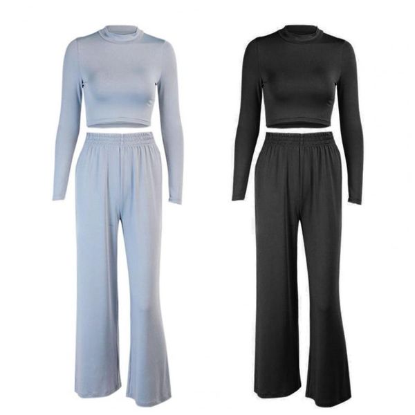 

women's pants & capris two piece set women skinny turtleneck long sleeve tracksuit wide leg cropped elegant female solid, Black;white