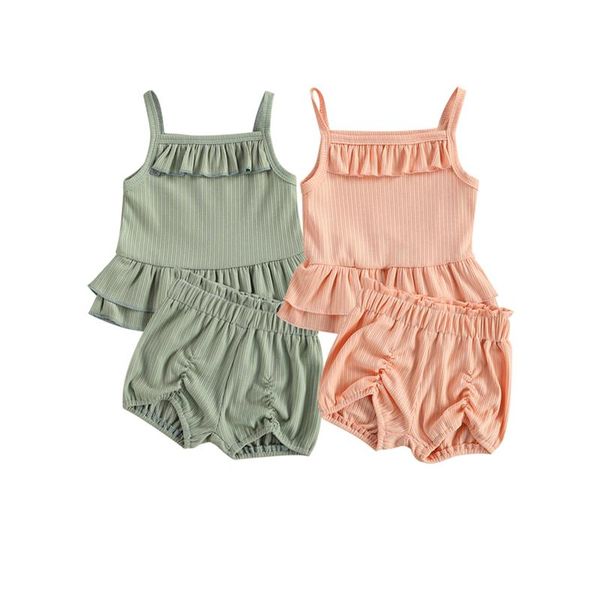 

clothing sets 2pcs little girls outfit summer toddlers solid color lace decoration sleeveless suspender + casual shorts set two piece su, White