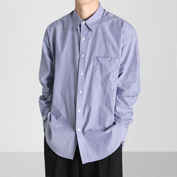 

men's casual shirts 2021 autumn turn-down collar long sleeve stripe shirt for men single pocket loose japan style clothing, White;black